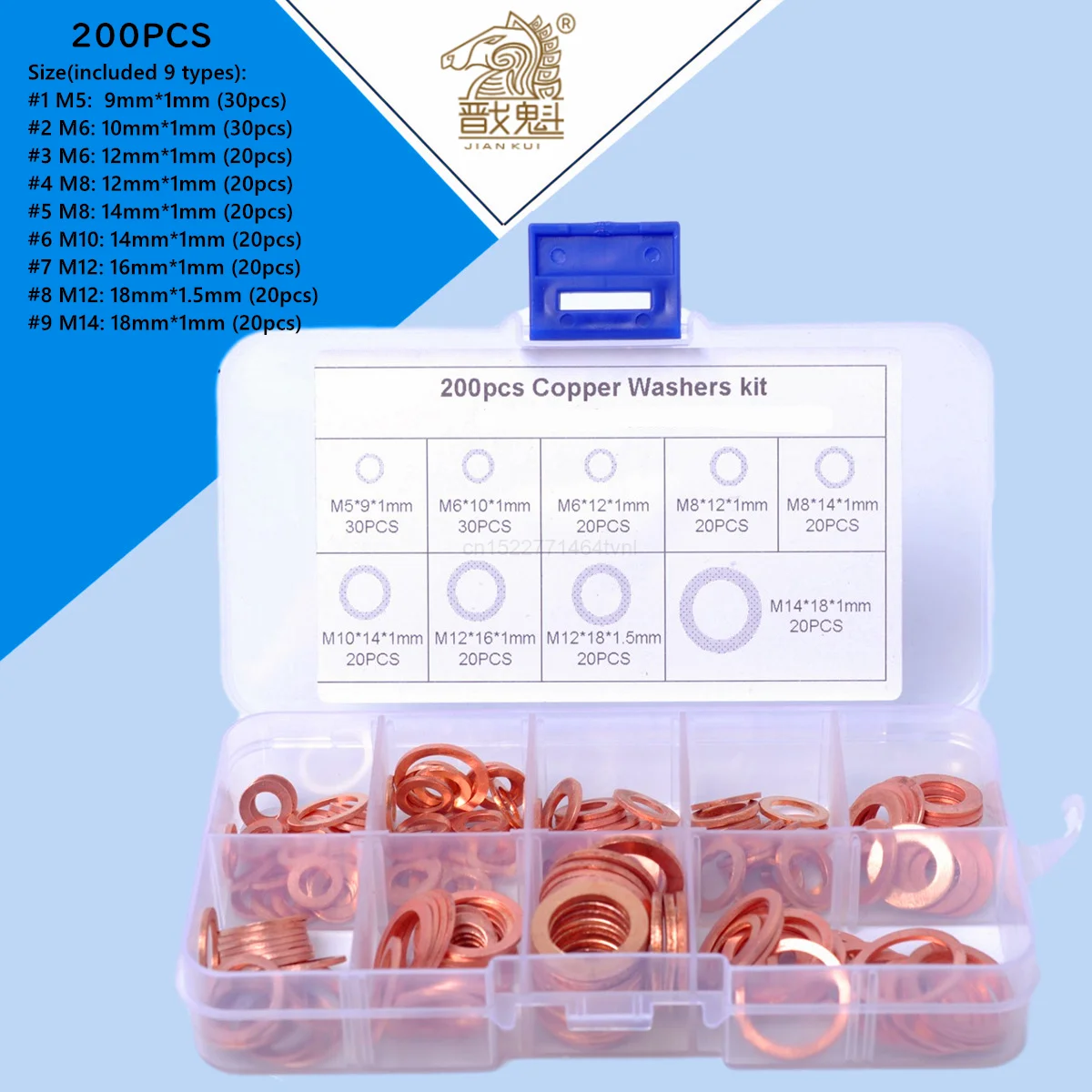 JINSUO LYDBM 200Pcs Copper Washer Gasket Nut and Bolt Set Flat Ring Seal Assortment Kit with Box M5/M6/M8/M10/M12/M14 for Sump Plugs Water 