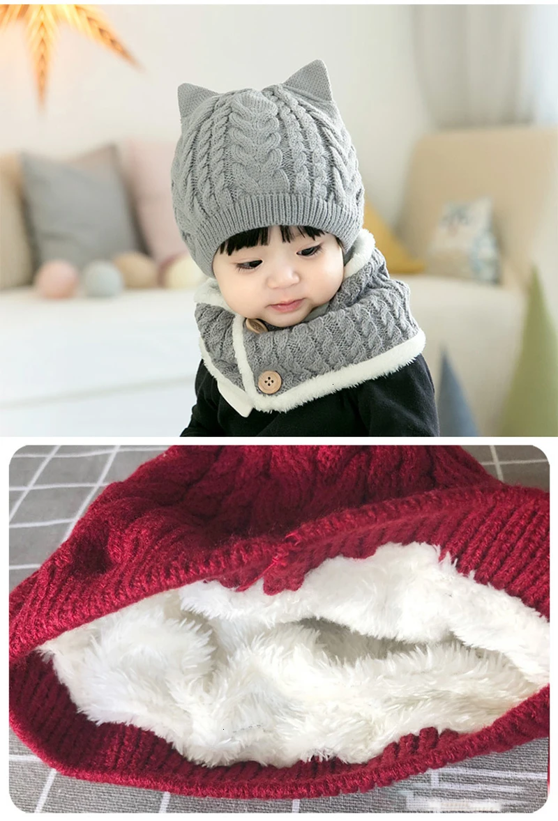 Детская шляпка, связанная крючком шапка с ушками, шарф для маленьких девочек, утепленная флисовая подкладка, теплая вязаная хлопковая шапка+ нагрудник, комплект из 2 предметов для детей 1-4 лет