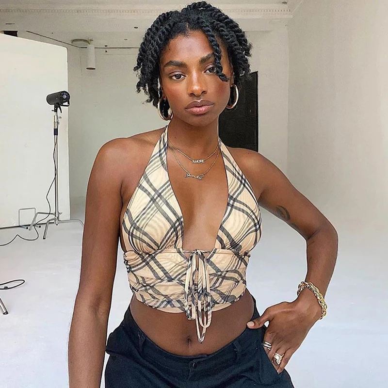 Plaid Print Lace Up Sexy Halter Y2K Crop Top Women Cute Vintage V Neck Bustier Club Party Bikini Streetwear E-girl Cami Iamhotty