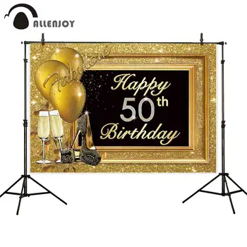 

Allenjoy Happy 50th Birthday Wallpaper Glitter Golden Balloon Wine Glass Heels Event Celebrate Curtain Photobooth Party Backdrop