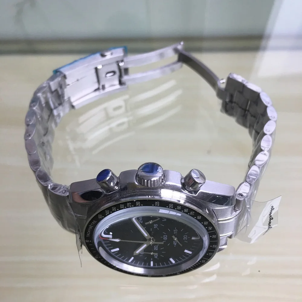 Хронограф 40 мм часы светящиеся стрелки Япония VK miyota кварц черный циферблат стальной Ремешок Браслет черный ободок Дата Многофункциональный