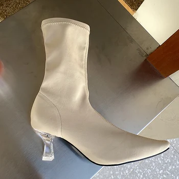 

INS 2020 Winter Women Clear Low Heels Blue Sock Boots High Heels Chelsae Boots Designer Beige Leather Elastic Ankle Boots Shoes