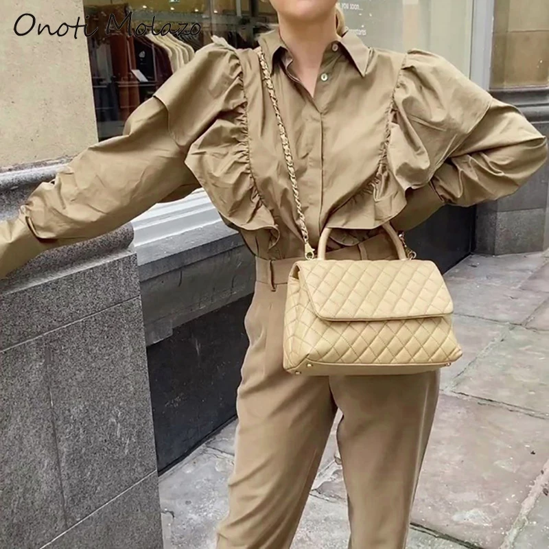 Onoti Molazo Casual Blouse Women Top Ruffles Solid Shirts Elegant Ladies Tops Blouses Chic Female 2020 Spring New Fashion | Женская