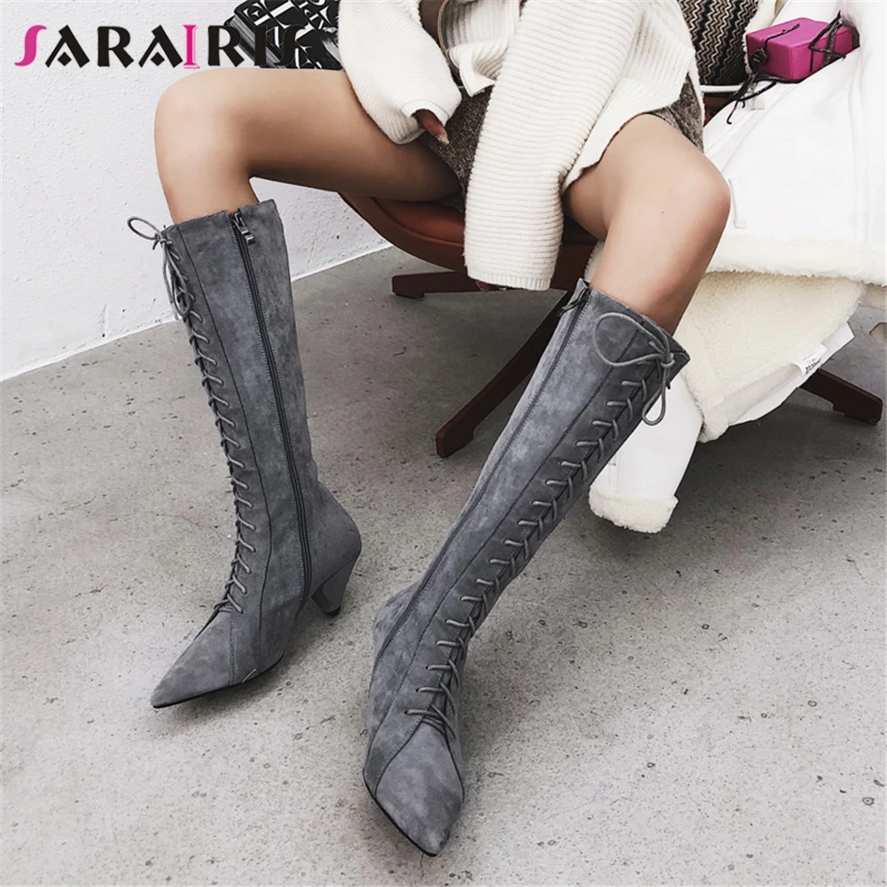 

SARAIRIS New Autumn Winter Big Size 33-43 Brand Cow Suede Pointed Toe Shoes Woman Casual Party Ol Mid Calf Boots Women Shoes