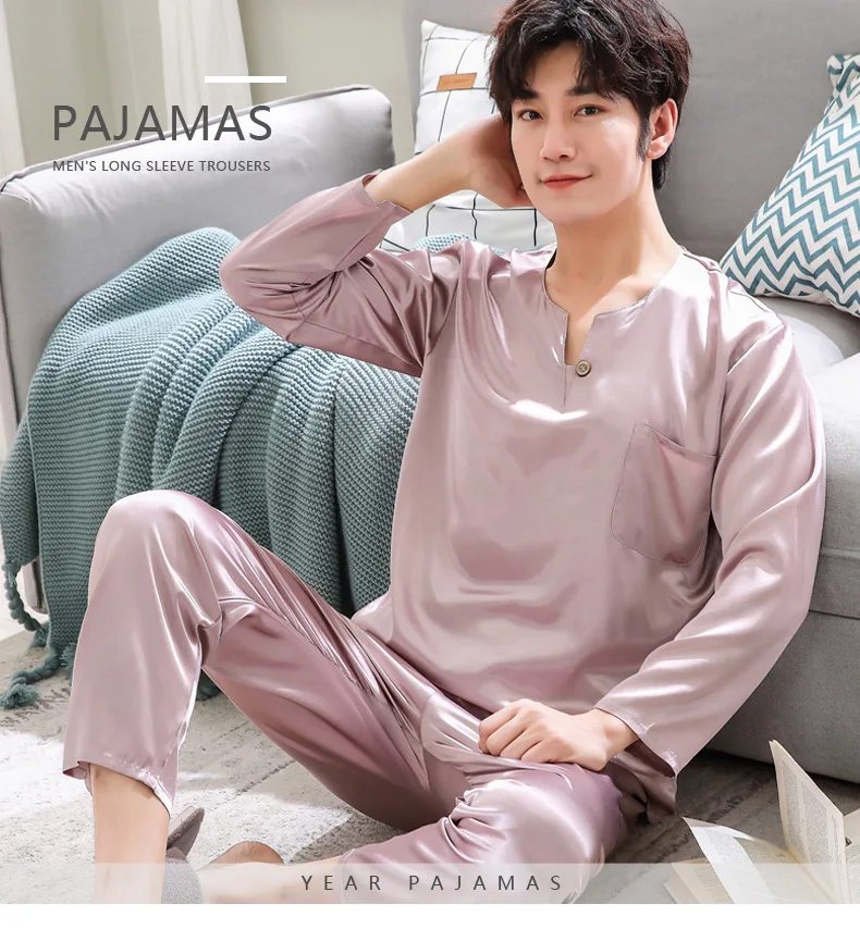 Новые мужские шелковые пижамы с длинными рукавами, комплект высококачественной повседневной домашней одежды, осенне-зимние пижамы, XL, модные пижамы