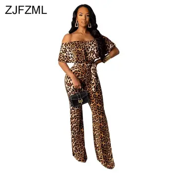 

Leopard Print Vintage Flare Jumpsuits Women Slash Neck Short Sleeve Bodycon Overall Autumn Off Shoulder Backless Party Bodysuit