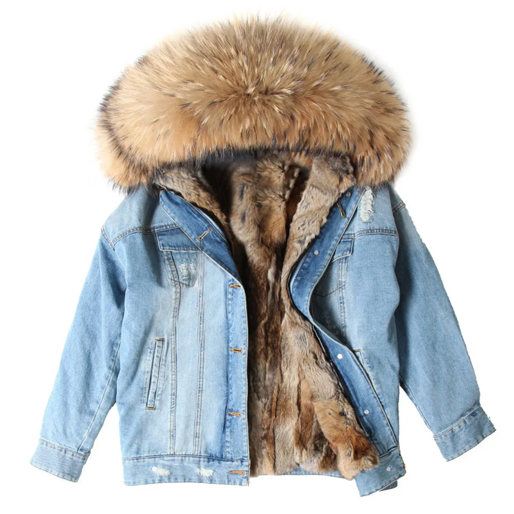 Maomaokong 2023 New Denim Fur Jacket Rabbit fur Liner Fox Fur Collar Coat Female Winter Coat Fashion Women Street Clothing