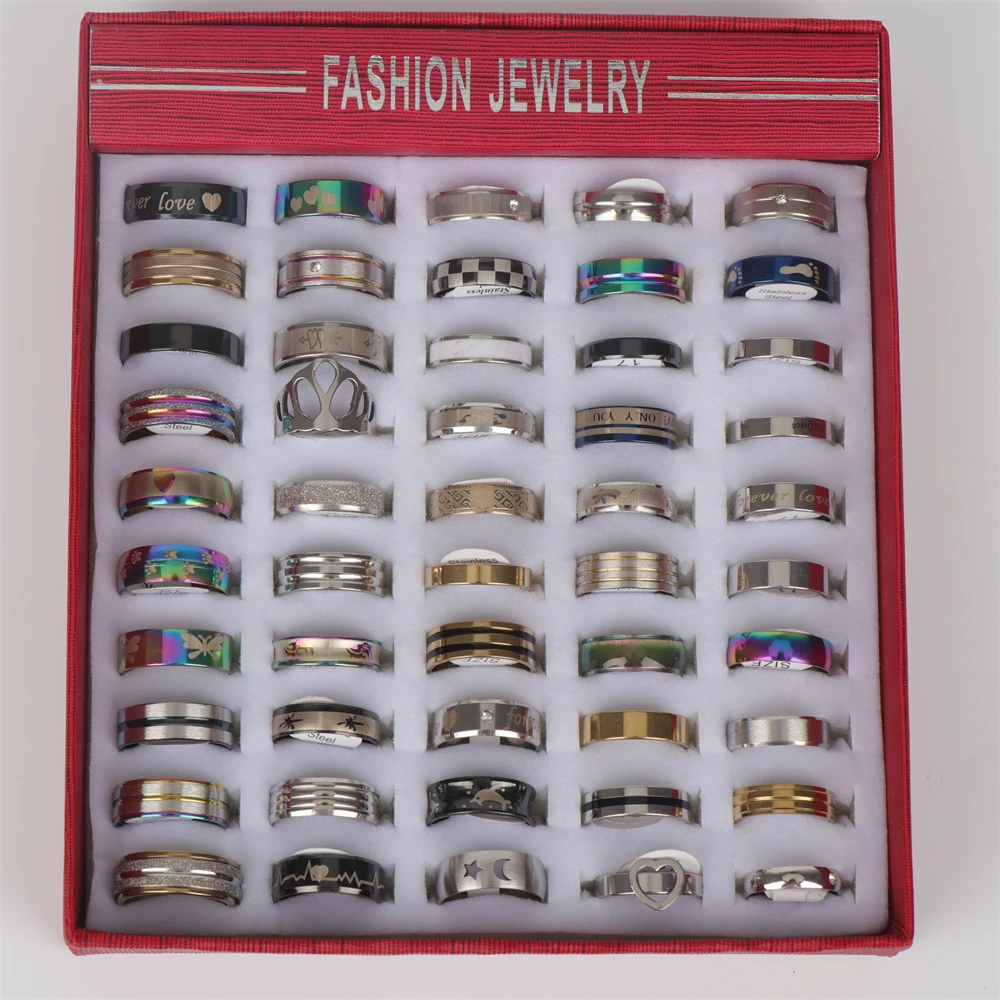 Finger Ring Stainless Steel Ring Ring Set Adjustable Rings Bulk 50pcs/Lot Mens Stainless Steel Rings Mix Different Style For Women Jewelry No Box