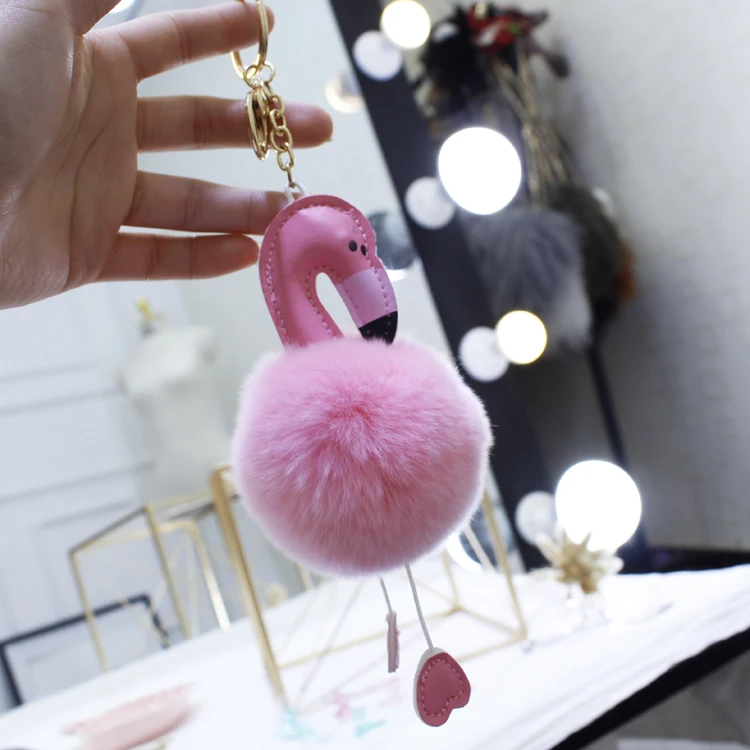 

Rex rabbit fur pink flamingo doll pendant pink Rex rabbit fur ball key chain bag pendant cute car ornament