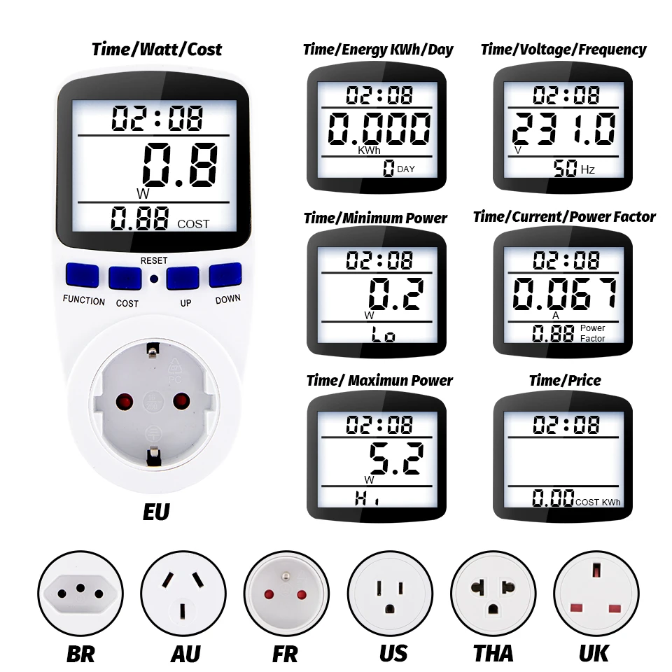 

EU US Plug Digital Power Energy Meter Wattmeter Voltage Counter Power Analyzer Electronic kWh Meter Measuring Outlet Socket