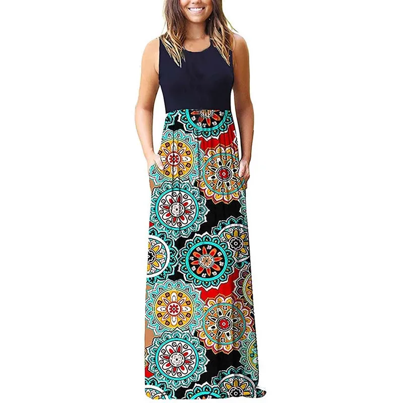 

Autumn Women Floor Length O Neck Sleeveless Geometric patterns Print Patchwork Large Hem Beach Boho Long Dress