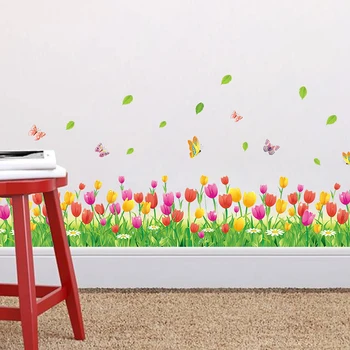 

Tulip Flowers Grass Butterflies Wall Stickers Removable Wall Mounted Stickers Home Mural Window Walls Decor