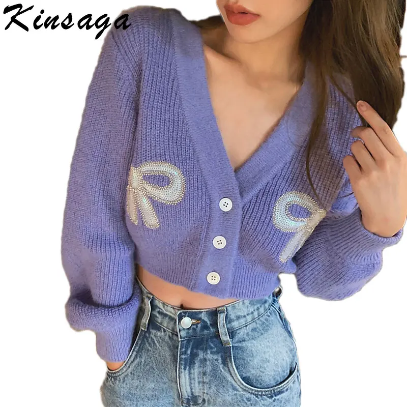 Korean Chi Sequin Appliques Embroidery Knitted Mohair Cardigan Crop Top Women V Neck Puff Long Sleeve Cardigans Outerwear Tops |