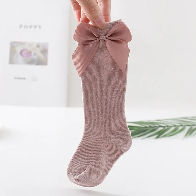 2020 Baby Girls Socks New Toddlers Girl Big Bow Knee High Long Soft Kids Socks Bowknot 100% Cotton 0-3 Years Newborn Socks Side- Pink