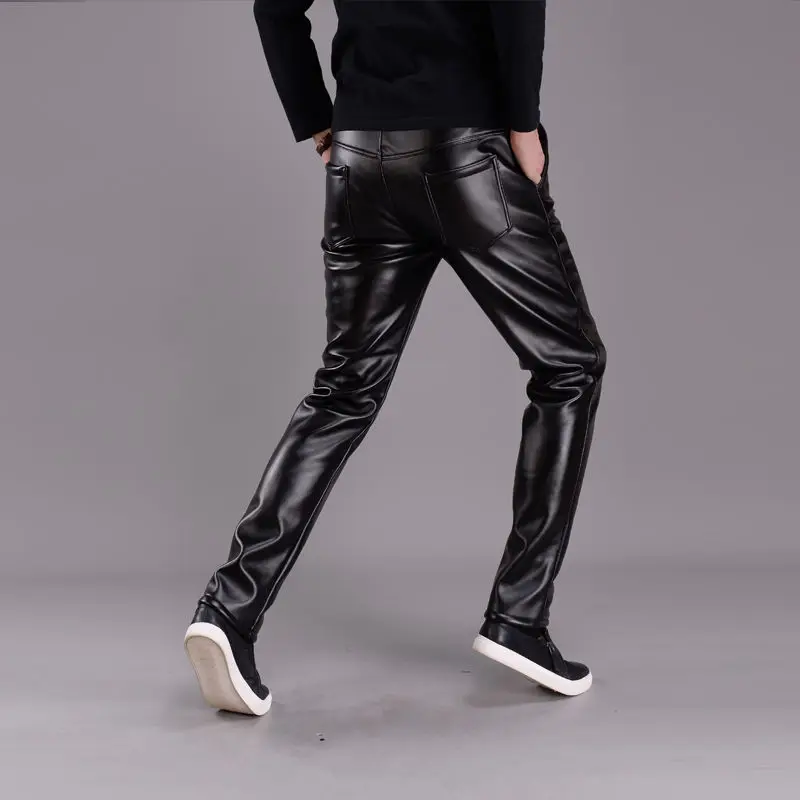 Leather Pants Mens Skinny Pants Elastic Spring Autumn Fall Fleece Thickened Youth Man Leather Motorcycle Pants Male Pencil Pants