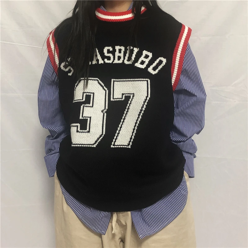 Вышитый номер женский свитер жилет Зимняя одежда корейский Свободный Harajuku стиль цифровой без рукавов вязаный женский жилет