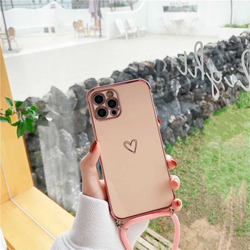 iphone 12 cover case Cute Electroplated Love Heart Lanyard Case For iPhone 11 12 13 Pro Max XS XR X 7 8 Plus Mini SE 2 Cord Rope Necklace Strap Cover apple iphone 12 case