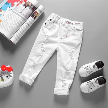 

New Spring Baby Boys Girl Clothes Solid Letter Printed Pants Hot Trousers Jeans Cotton Harem Hole Pants for Kids Casual Trousers