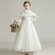 Осенне-зимнее плотное теплое детское платье для девочек белого/винно-красного цвета на день рождения, свадьбу, вечеринку детское Новогоднее праздничное платье