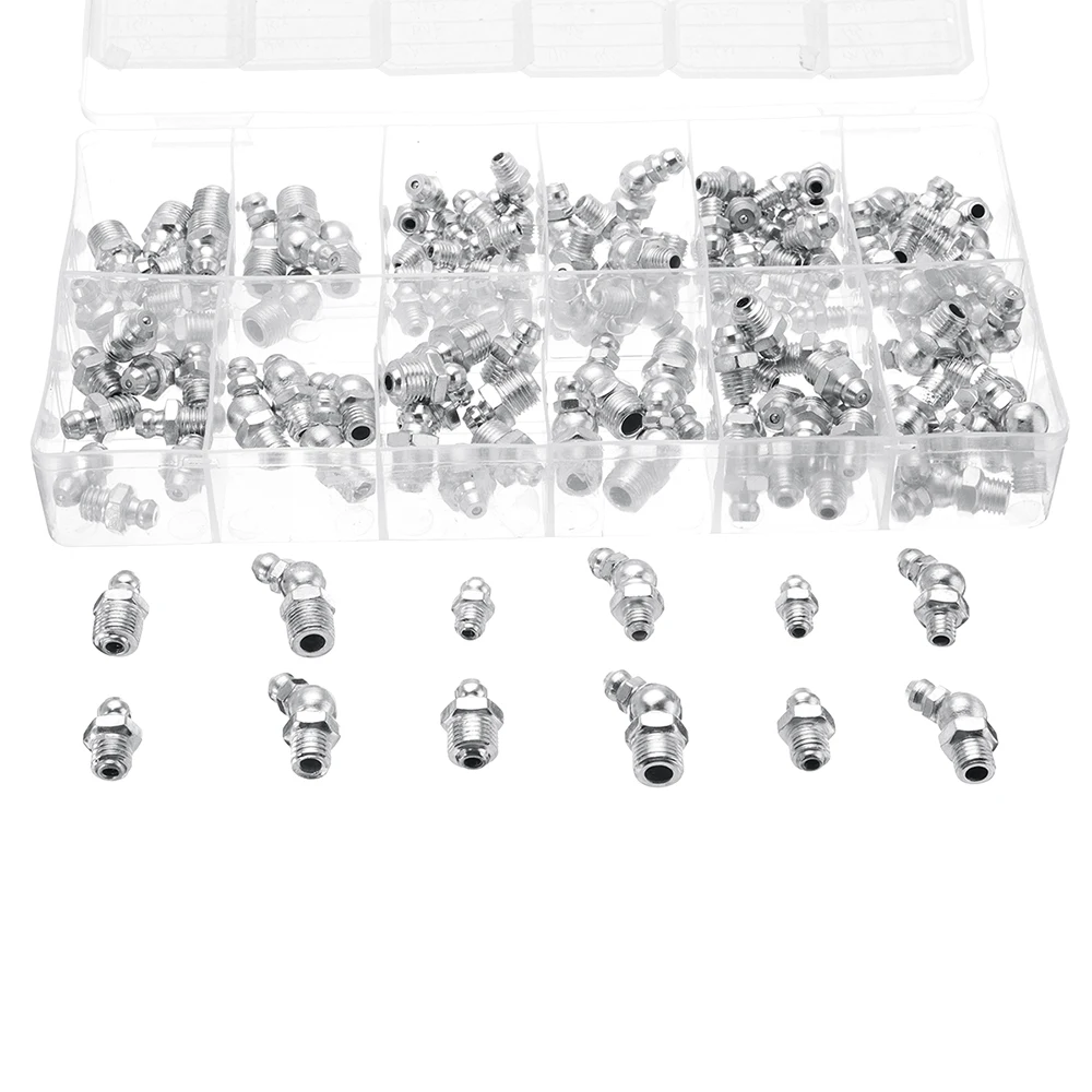 

Hot 130Pcs Portable Hydraulic Galvanized Metal Grease Nipples Fitting Assortment Kits Fitting Metric Imperial BSP UNF M6 M8 M10