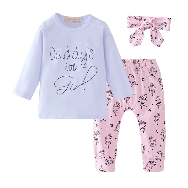 Одежда для маленьких девочек; осенний комплект из 3 предметов для новорожденных; хлопковая Футболка и штаны; повязка на голову; осенняя одежда; комплект одежды для маленьких девочек - Color: white