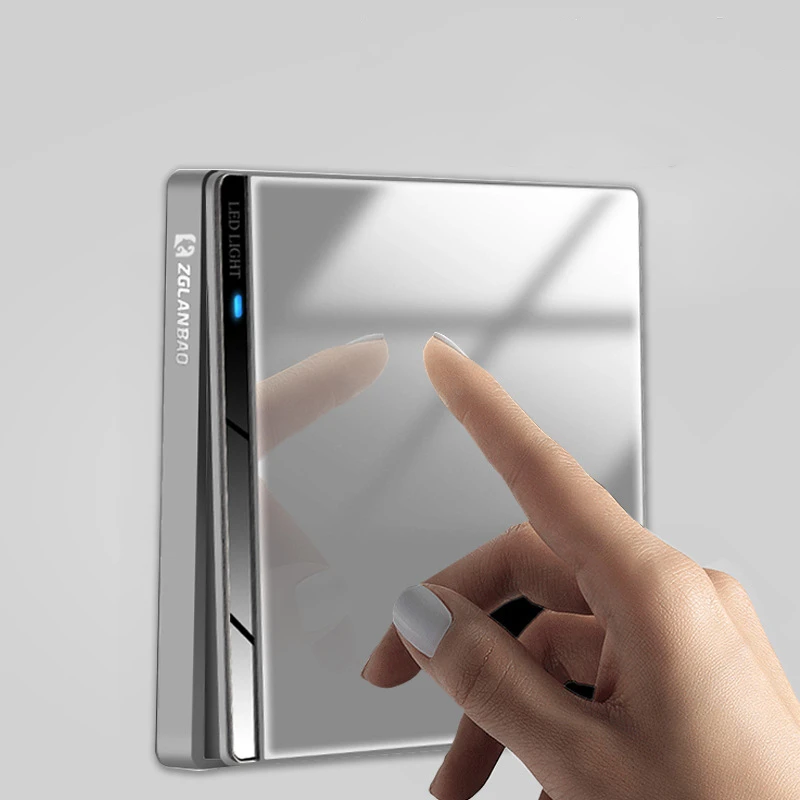 Clássico Cinza Espelho de Vidro Temperado Interruptor de Parede do Painel com Luz Indicadora Led Prata Decorativa 250v 4gang 2way 86*86 mm