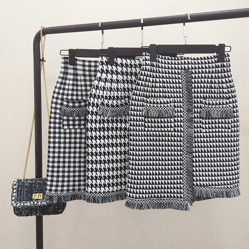 

2019 New Arrival Casual Hip Skirt Plaid Slim High Waist Pocket Package Hip Fashion Ladies Tassle Mini Pencil Skirt