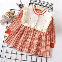 Платье для девочек; Новинка г.; осенне-зимнее платье; теплое детское вязаное платье; платье-свитер в клетку с оборками для девочек; платья для малышей