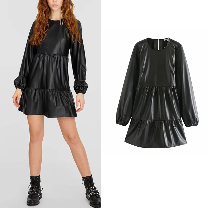 

Women 2019 za dress chic black PU cascading ruffles mini dress latern long sleeve highstreet straight party dress female vestido