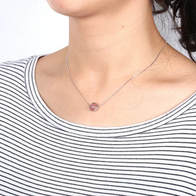 Necklaces Pendants For Women Solid S925 Silver 7mm-8mm Round Strawberry Quartz Moonstone Fine Jewelry Clavicular Chain Colar