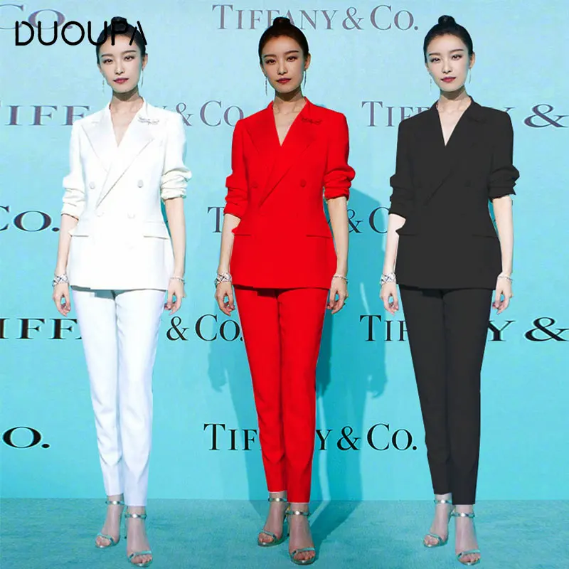 

2019 New Fashion Women's Small Suit Slim Double-breasted Suit Suit Temperament Waist Small Suit Jacket Was Thin Two-piece Suit