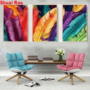 

5 d diamond embroidery Art abstraction coloful Feathers 3 pieces diamond Painting cross stitch mosaic rhinestone Wall Art decor