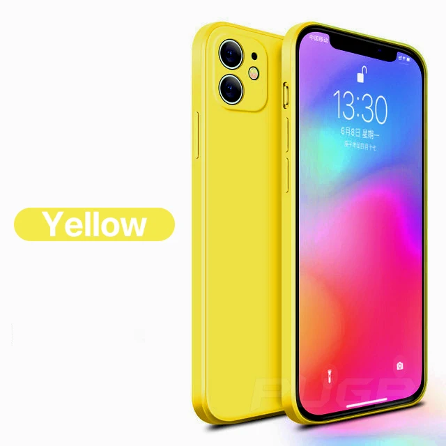 Luxury Square Frame Soft Liquid Silicone Case For iPhone 12 11 13 Pro Max Mini X Xr Xs SE 2 2020 6 6s 7 8 Plus Shockproof Cover yellow