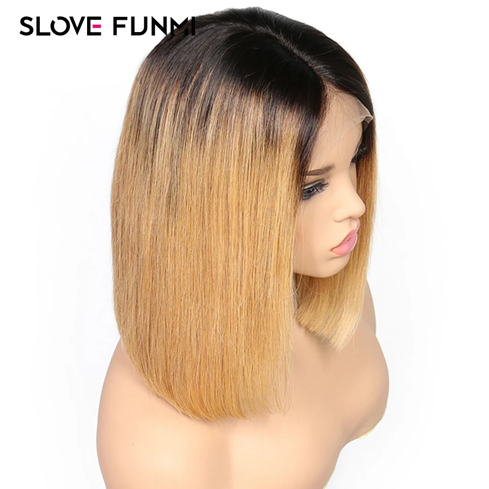 Slove Funmi 13*4 1B/99J бордовый 1B/27 Омбре кружевной передний парик человеческих волос короткий боб прямой Remy бразильский предварительно сорвал с челкой