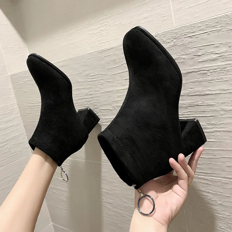 

5570, D5570 Short Boots Women's Boots Single Boots Elasticity Chunky-Heel Fashion Winter Versatile 2019 New Style Pointed-Toe Zi