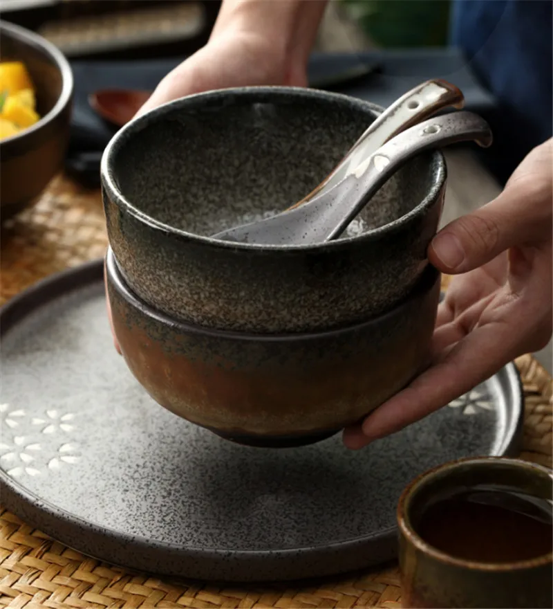 Классическая керамическая кухонная миска для риса в японском стиле, большая миска для супа Ramen, ложка, маленькая чайная посуда, милая керамическая миска для салата