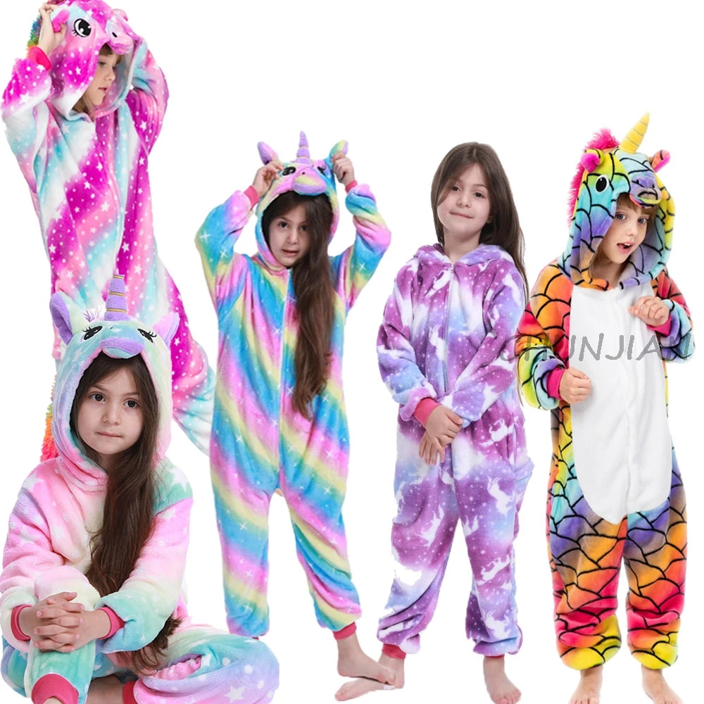 Зимние фланелевые теплые пижамы детские с единорогом и радугой для мальчиков