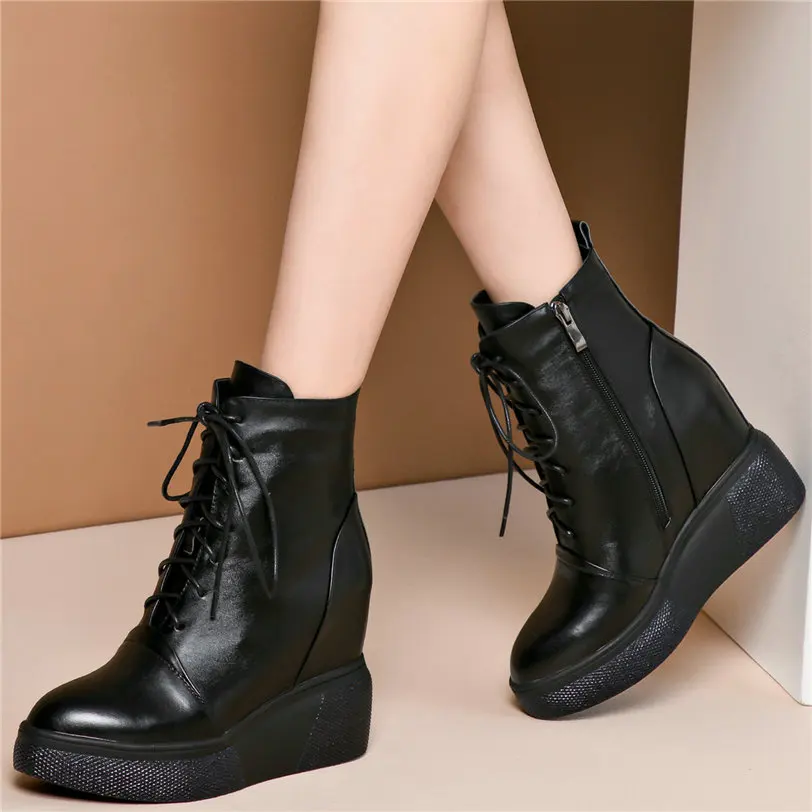 

Fashion Sneakers Women Lace Up Genuine Leather High Heel Motorcycle Boots Female High Top Pointed Toe Platform Party Pumps Shoes