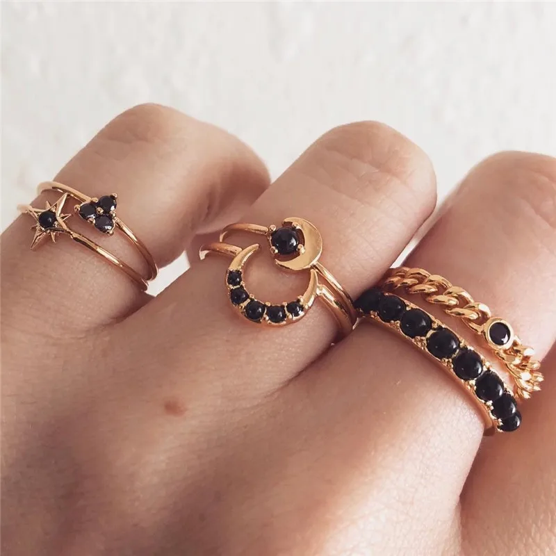 VAGZEB Vintage Crystal Flower Rings For Women Fashion Retro Geometric Gold Color Knuckle Ring Set Statement Jewelry Gifts - Цвет основного камня: 15894