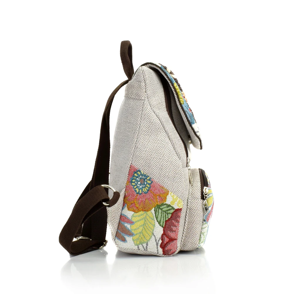 Veowalk Light Grey Women's Small Canvas Backpacks, Ladies Floral Embroidered Rucksacks Woman Back Bag Handmade Back Pack 3