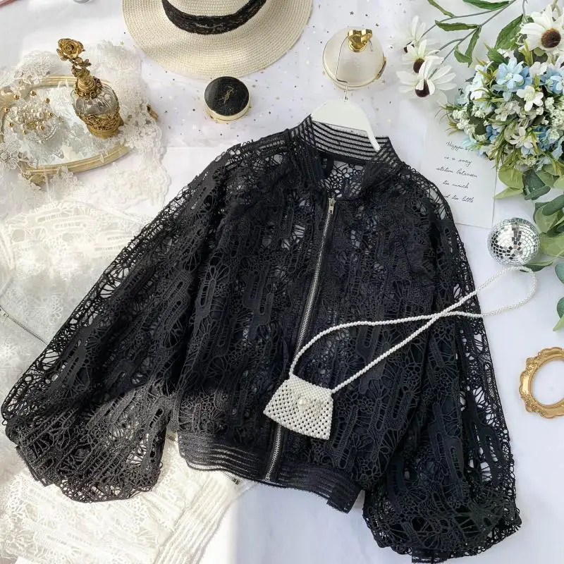 black Женские осенне-зимние новые модные однотонные открытые пальто кардиган с рукавами-фонариками, женские кружевные вязаные топы TB3243 - Цвет: black