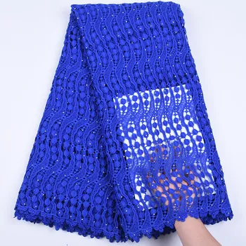 

Newest High Quality Lace African Guipure Cord Lace Fabric Royal Blue French Water Soluble Cord Lace With Stones For Dress 1712