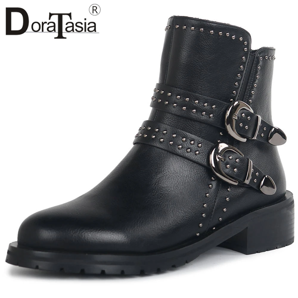 

DORATASIA New 34-42 Brand Rivet Belt Buckle Ladies Fashion Platform Chelsea Boots Women 2019 Med Chunky Heels Shoes Woman