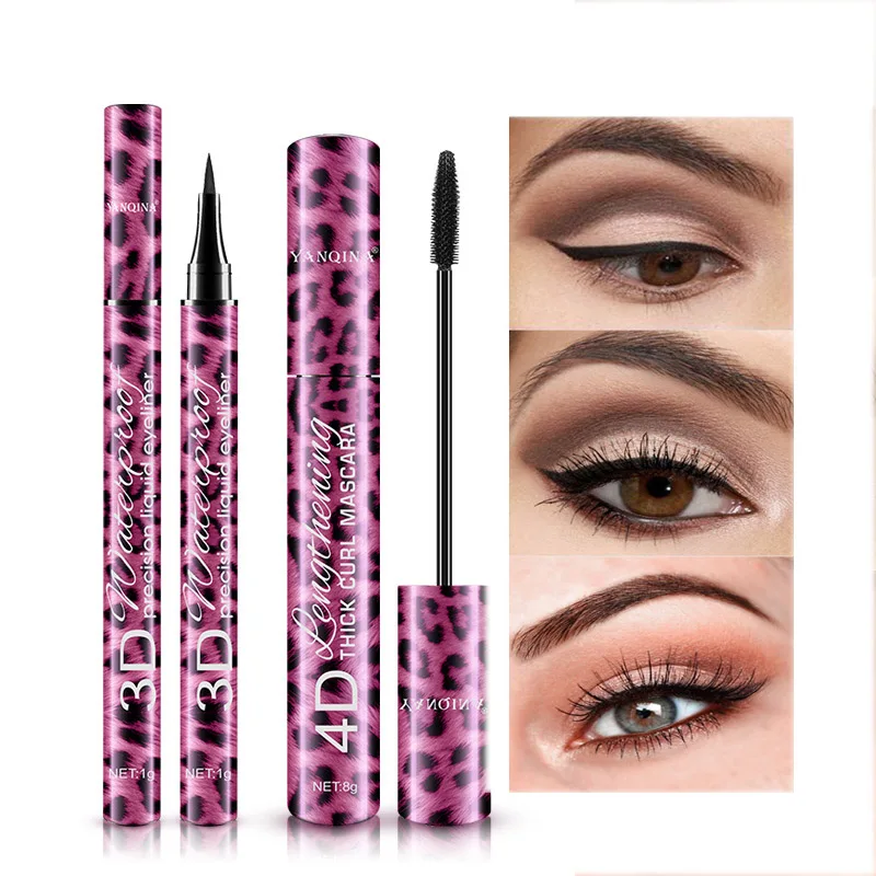 

Free shipping Makeup red leopard print eyeliner, waterproof thick curling beauty make-up natural mascara set mascara wands