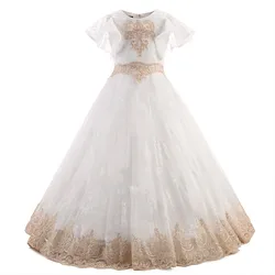 Princess Beige Flower Girl Dress with Champagne Lace A Line Appliques Formal Holy Girls First Communion Dresses