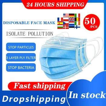 

50pcs Non-woven Disposable 3 Layer Ply Filter Mask Safe Breathable Protective Anti-Dust Ear Loop Mouth Thickened Face Masks