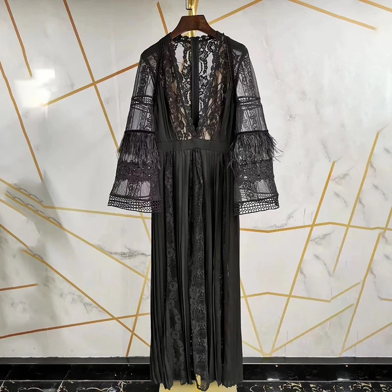 Кружевное платье для женщин с длинным рукавом, прозрачное Макси-платье в пол - Цвет: black