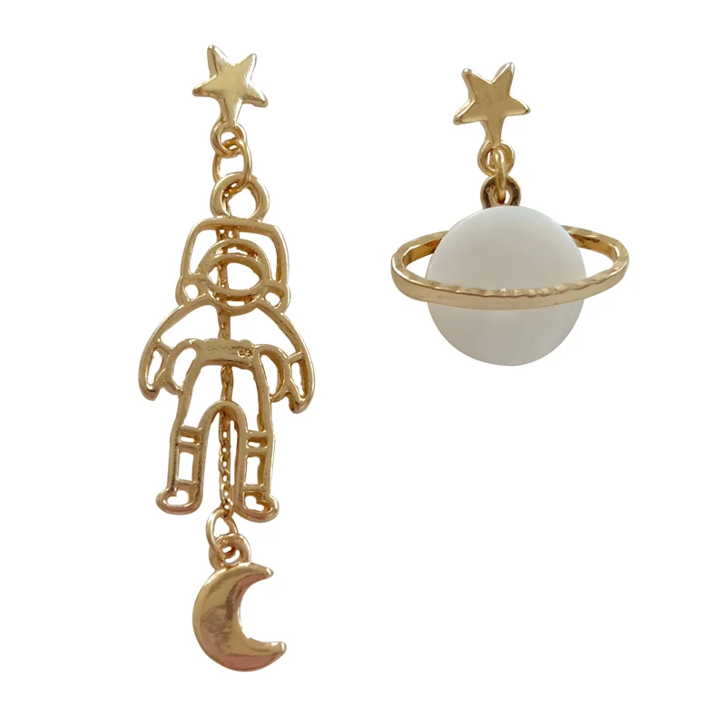 

WEISHUOLI Metal Personality Creative Walking Starry Design Moon Planet Astronaut Asymmetric Earrings
