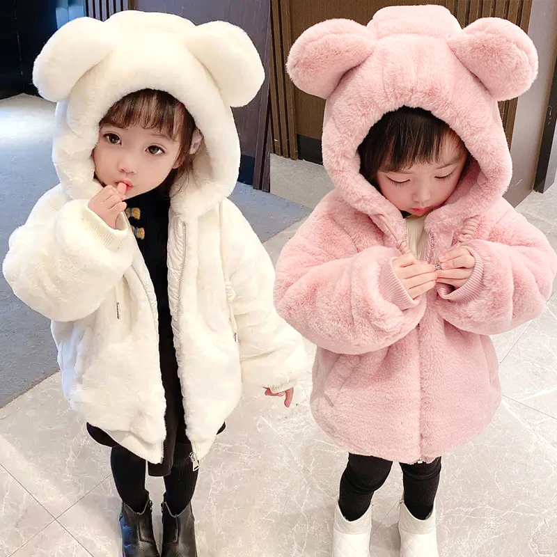 Veste En Fausse Fourrure Pour Fille - Capuche à Oreilles De Lapin, Poches, Chaud Et Doux - Taille 9 Mois à 5 Ans
