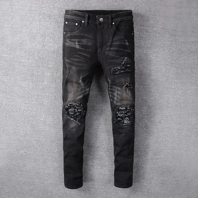 Модная уличная одежда, мужские джинсы в стиле ретро, черные рваные джинсы в стиле пэчворк, мужские рваные брюки в стиле панк, Эластичные Обтягивающие джинсы в стиле хип-хоп, Homme
